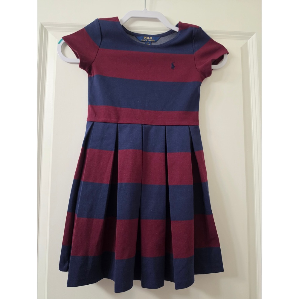 Polo Ralph Lauren Girls Navy Blue Burgundy Striped Pleated Skirt Dress Size 6